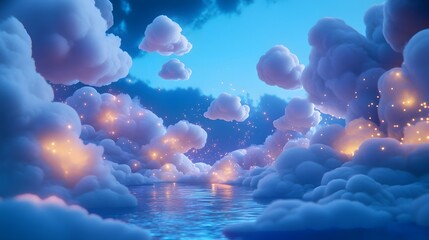 Poster - A brainstorming session featuring 3D glowing floating idea clouds and 2D glowing inspiration paths. 4k resolution, Cinematic Scene