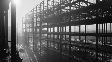 Poster - Industrial Construction Site with Framework in Black and White, Showcasing the Architectural Elements and Shadows During Early Morning Light
