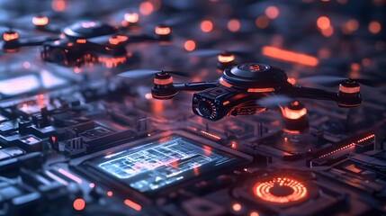 Aufkleber - A tech lab with 3D glowing drones hovering and 2D floating holographic operating instructions. 4k resolution, Cinematic Scene