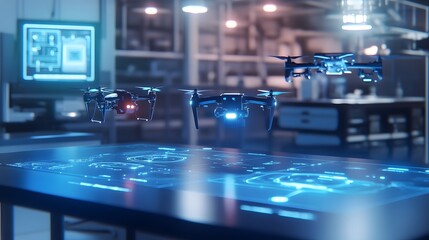 Aufkleber - A tech lab with 3D glowing drones hovering and 2D floating holographic operating instructions. 4k resolution, Cinematic Scene