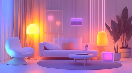 Poster - A product concept room showcasing 3D glowing furniture prototypes and 2D animated design statistics. 4k resolution, Cinematic Scene