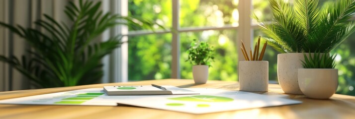 Poster - a serene workspace with plants, stationery, and natural light for productivity and creativity.