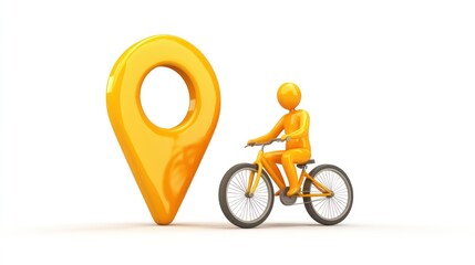 Poster - A stylized figure riding a bicycle next to a large yellow location pin.