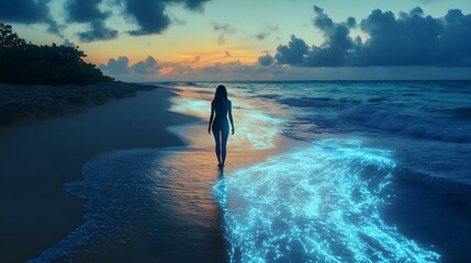 Aufkleber - A woman standing on a sandy beach, her 3D outline blending with 2D glowing waves lapping at her feet. 4k resolution, Cinematic Scene