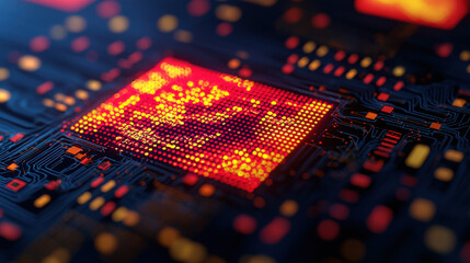 Poster - Immersive red and yellow digital circuit board with glowing patterns