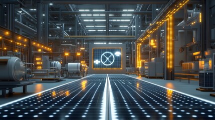 Poster - A solar-powered manufacturing facility with 3D-rendered equipment and 2D glowing indicators showing energy-efficient processes. Cinematic Scene, 4k resolution, cinematic scene