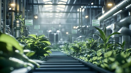 Aufkleber - A 3D-rendered bioplastic manufacturing plant with 2D floating labels identifying eco-friendly raw materials. Cinematic Scene, 4k resolution, cinematic scene