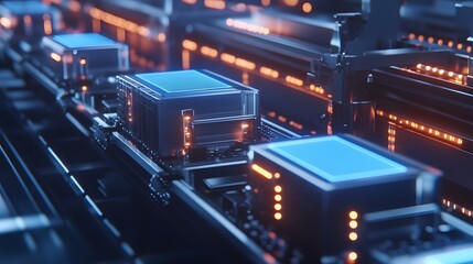 Poster - A 3D-rendered production line manufacturing reusable containers, with 2D glowing overlays showing their lifecycle. Cinematic Scene, 4k resolution, cinematic scene