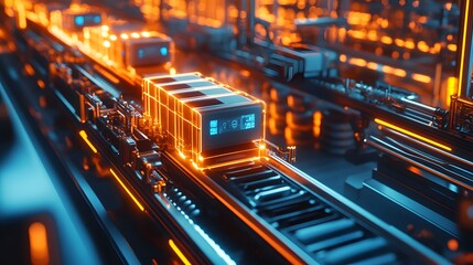 Poster - A 3D-rendered production line manufacturing reusable containers, with 2D glowing overlays showing their lifecycle. Cinematic Scene, 4k resolution, cinematic scene