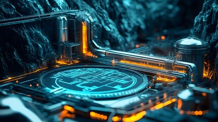 Poster - A 3D geothermal energy plant, surrounded by 2D glowing visuals illustrating heat extraction and energy flow. Cinematic Scene, 4k resolution, cinematic scene