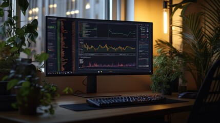 Poster - A workspace featuring a monitor displaying financial data and plants.