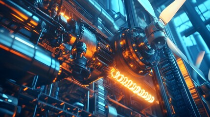 Aufkleber - A wind energy manufacturing hub, with 3D technicians at work and 2D glowing wind currents integrated into the visuals. Cinematic Scene, 4k resolution, cinematic scene