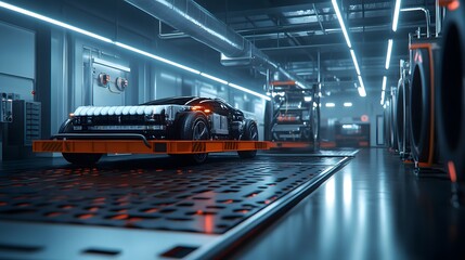 Poster - A 3D-rendered electric car battery recycling facility, with 2D animated visuals showcasing the recovery of materials. Cinematic Scene, 4k resolution, cinematic scene