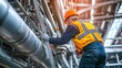 © Boinah - Worker in safety gear climbing a ladder in an industrial setting with pipes and machinery.