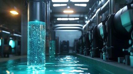 Poster - A renewable energy-powered water desalination plant with 3D machinery and 2D glowing particles showing purified water. Cinematic Scene, 4k resolution, cinematic scene