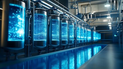 Poster - A renewable energy-powered water desalination plant with 3D machinery and 2D glowing particles showing purified water. Cinematic Scene, 4k resolution, cinematic scene