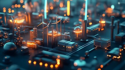 Poster - A 3D manufacturing facility powered entirely by wind energy, with 2D glowing windmill animations symbolizing clean energy. Cinematic Scene, 4k resolution, cinematic scene
