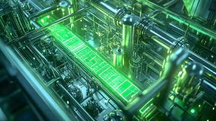 Poster - A green hydrogen fuel plant with 3D-rendered equipment and 2D glowing animations of energy generation and distribution. Cinematic Scene, 4k resolution, cinematic scene