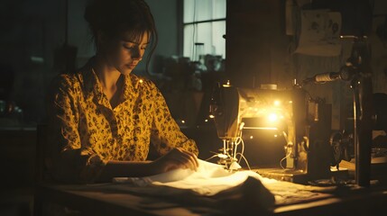 Poster - A woman working at a sewing machine in a dimly lit room, with 3D-rendered fabric and 2D glowing threads symbolizing hard work. 4k resolution, Cinematic Scene
