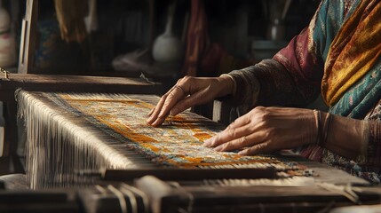Poster - A woman weaving cloth in a traditional workshop, her 3D hands creating patterns complemented by 2D glowing threads of history. 4k resolution, Cinematic Scene
