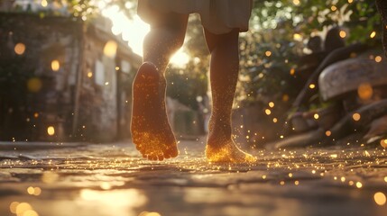Poster - A child walking barefoot through a village, their 3D-rendered feet surrounded by 2D glowing elements of resilience. 4k resolution, Cinematic Scene