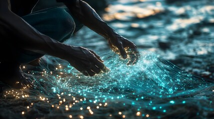 Poster - A man repairing a fishing net by the sea, his 3D hands weaving patterns enhanced with 2D glowing threads of livelihood. 4k resolution, Cinematic Scene