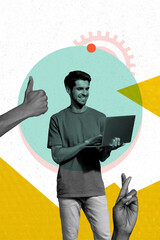 Poster - Vertical photo collage of happy man it-specialist hold laptop gears settings optimization like pray gesture isolated on painted background