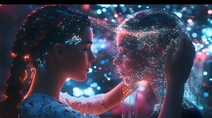 Poster - A young woman braiding another woman s hair, their 3D figures illuminated by 2D glowing strands of connection. 4k resolution, Cinematic Scene