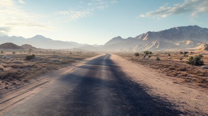 Poster - A road in the desert with mountains in the background