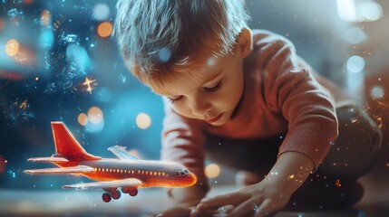 Aufkleber - A child playing with a toy airplane, with holographic trails of a real plane flying above them. 4k resolution, Cinematic Scene