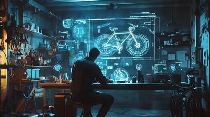 Aufkleber - A man fixing a bicycle in a garage, with holographic schematics of the bicycle parts and tools illuminating his workspace. 4k resolution, Cinematic Scene