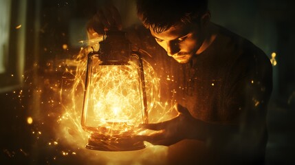 Poster - A man lighting a lantern in a dimly lit room, with holographic glowing symbols of peace and warmth surrounding the light. 4k resolution, Cinematic Scene