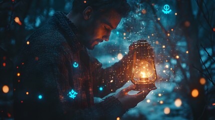 Poster - A man lighting a lantern in a dimly lit room, with holographic glowing symbols of peace and warmth surrounding the light. 4k resolution, Cinematic Scene