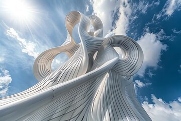 Poster - Abstract white sculpture against a vibrant blue sky with fluffy clouds, sun rays beaming.