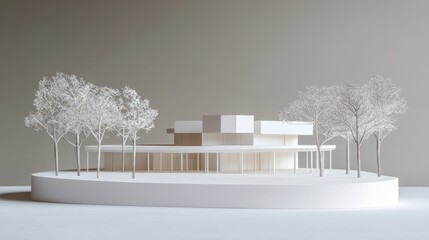 Poster - A minimalist architectural model surrounded by white trees on a circular base.