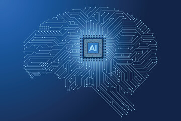 Leinwandbilder - AI micro chip on brain illustration. Digital brain with AI chip and circuit. Machine learning technology concept. Digital brain illustration. Vector illustration