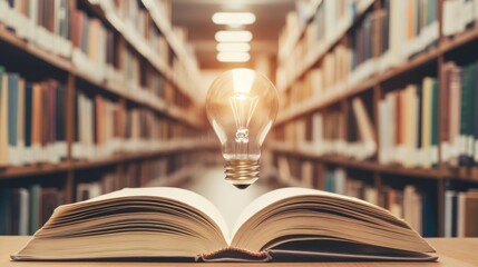 Poster - An open book with a glowing light bulb above it, set in a library.