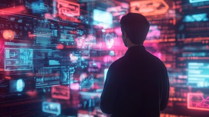 Poster - A person views digital data on a futuristic interface, immersed in technology.