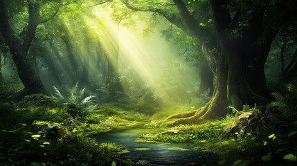 Poster - A forest with a stream running through it