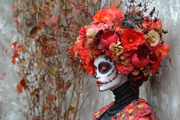 Wall Mural - Model is wearing catrina makeup and red flowers crown for dia de los muertos celebration