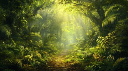 Poster - A lush green forest with a path leading through it
