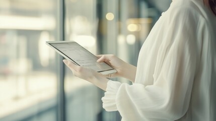 Poster - A person holding a tablet while gazing out a window, suggesting a moment of reflection.