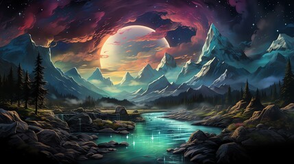 Wall Mural - Enchanting fantasy landscape with a large moon, majestic mountains, a tranquil river, and starry sky.