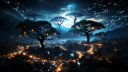 Wall Mural - enchanting digital art depicting luminous trees and glowing pathways in a mystical landscape under a