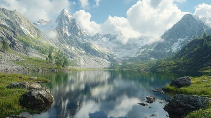 Poster - A beautiful mountain landscape with a lake in the foreground