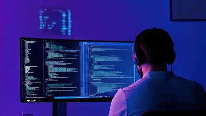 Poster - A person coding at a dual-monitor setup in a dimly lit room with headphones on.
