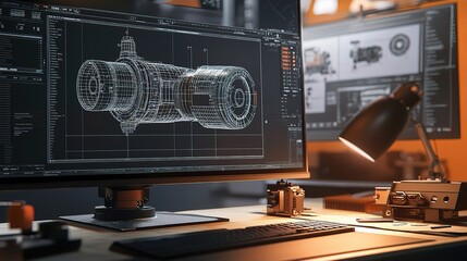 Poster - Detailed CAD Drawings of Complex Mechanical Assembly on a Computer Screen in a Modern Workspace with Vibrant Colors and Advanced Technology
