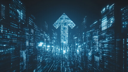 Poster - Luminous particles virtual city upward growth arrow financial business background