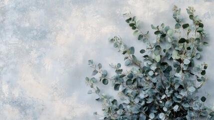 Poster - A wall with a blue background and a bunch of green leaves