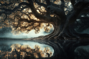 Wall Mural - Majestic ancient tree with sprawling branches reflected in a tranquil lake, illuminated by soft, golden sunlight, creating an ethereal and serene atmosphere.